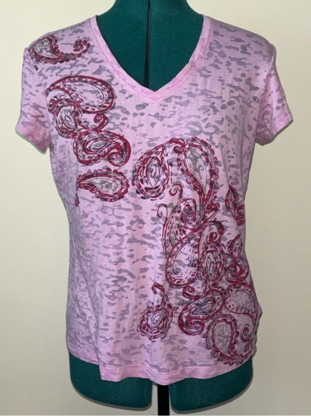 Vintage Tommy Hilfiger Pink Paisley Burnout V-Neck T-Shirt M y2k 2000s tee